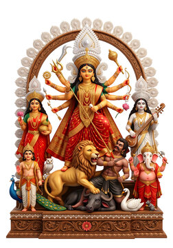 Goddess durga with lion and divine figures with figures traditional hindu on transparent background