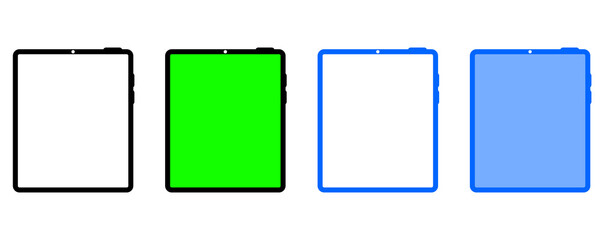 Modern Minimal Tablet iPad Icon Set. High Resolution 2D Outline and Solid Blue Tablet with Transparent and Green Screen Display UI Vector Icons Collection. © SUAN ARTS STUDIO