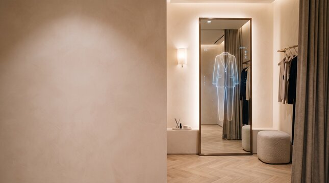 Luxury retail fitting room with smart glass mirror showing holographic clothing preview