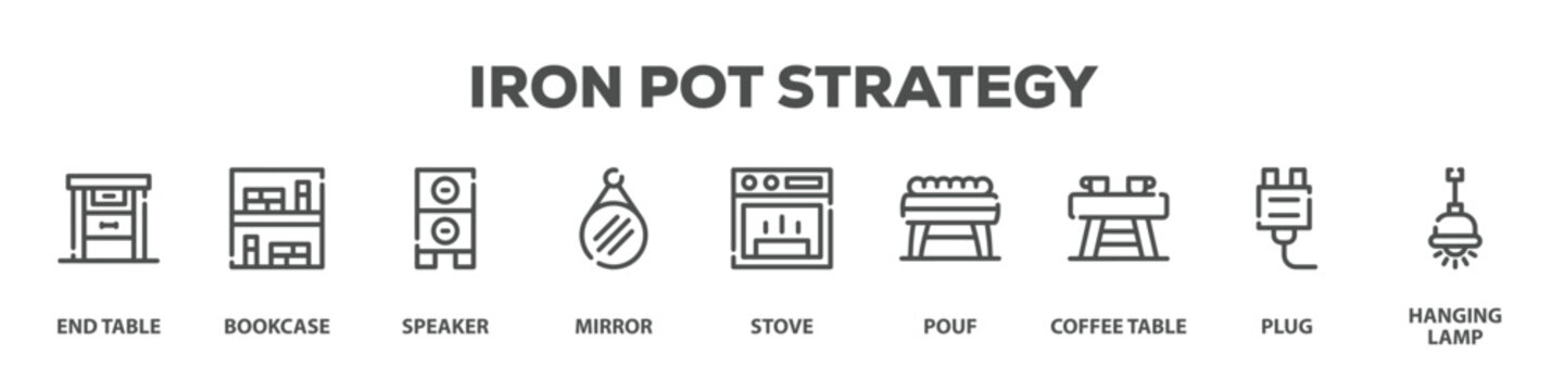 Iron Pot Strategy with icon of End table, Bookcase, Speaker, Mirror, Stove, Pouf, Coffee table, Plug, Hanging lamp
