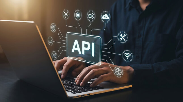 Software developer typing on laptop with digital graphic icons of API integration