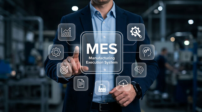 Manager touching digital MES manufacturing execution system interface screen