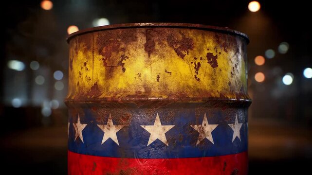 Rusty Oil Barrel Painted with Venezuelan Flag Standing Still at Night in Industrial Setting Cinematic