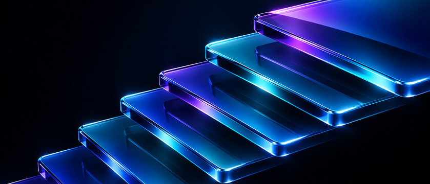 Ascending flight of stairs crafted from glowing blue and purple translucent glass slabs. 3D futuristic stairway symbolizing career advancement. Wide banner, copy space.