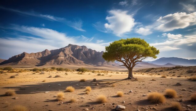 A solitary tree stands isolated in a vast