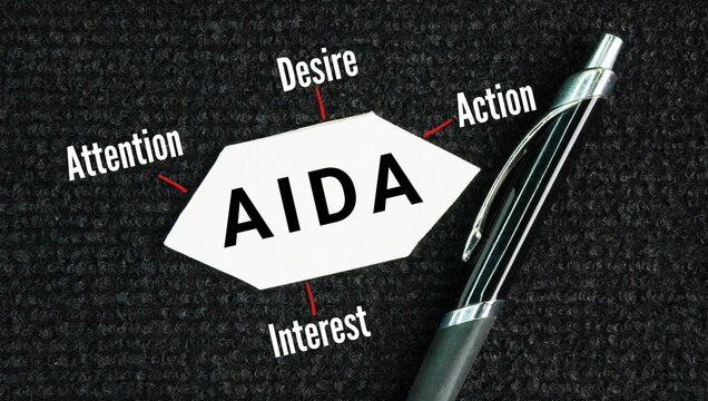 Paper with word AIDA - Attention, Interest, Desire, Action - an early and fundamentally useful model or process for effective communications