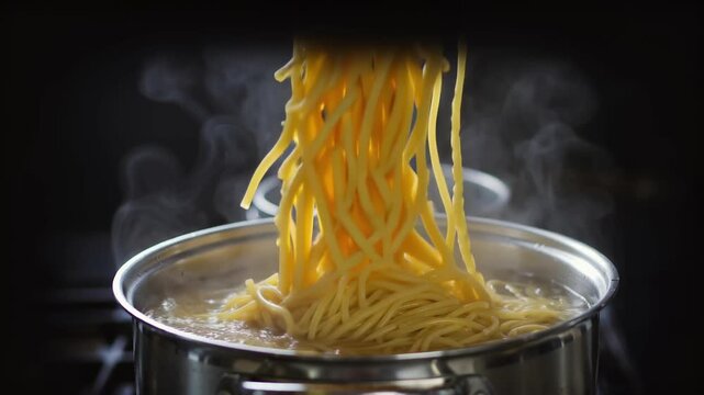 Steaming Spaghetti Being Lifted From Pot in Kitchen Close up Slow Motion Cinematic Food Preparation