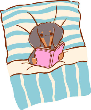 Dachshund Bookish Reading Book in Cozy Bed Hand Drawn Illustration