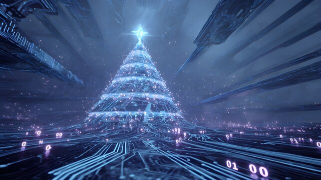 Futuristic Cone Shaped Digital Data Christmas Tree with Binary Code Floor Traces and Glowing Four Pointed Star in Server Room Chamber