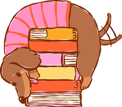 Dachshund Bookish with Book Stack Hand Drawn Illustration