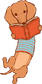Cute Brown Dachshund Bookish Reading Book Hand Drawn Illustration