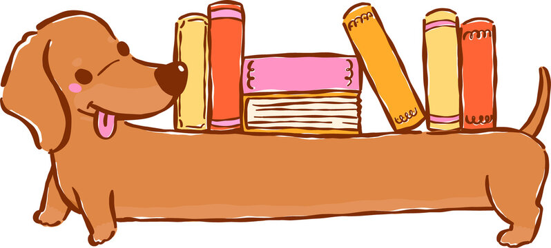 Cute Dachshund Bookish Carrying Books on Long Body Hand Drawn Illustration