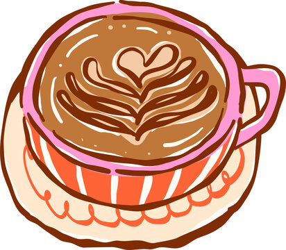 Hand drawn Striped Cup of Latte Art Coffee Illustration