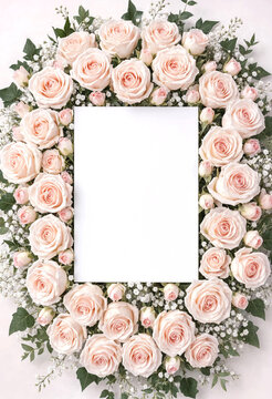 Beautiful floral arrangement with roses and greenery framing empty space