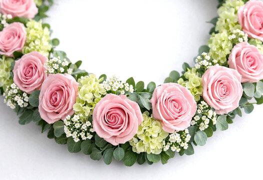 Beautiful floral wreath with pink roses and green foliage arrangement