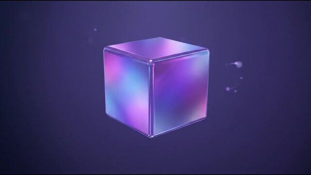 Abstract 3D rotating holographic glass cube with purple and blue gradient colors on dark background.