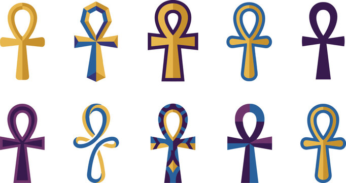 Collection of ten flat design ankh symbols in various colors and styles, isolated on white background