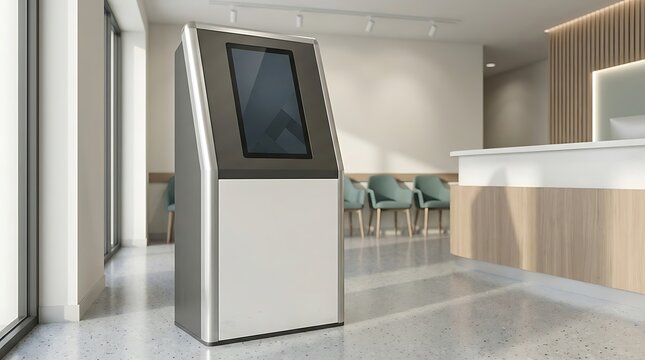 Modern interactive digital kiosk stand in a minimalist professional reception lobby for information and self-service