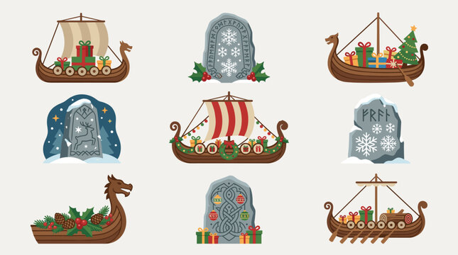 Norse longboats and runestones with holiday gifts and winter decorations, flat design vector icons
