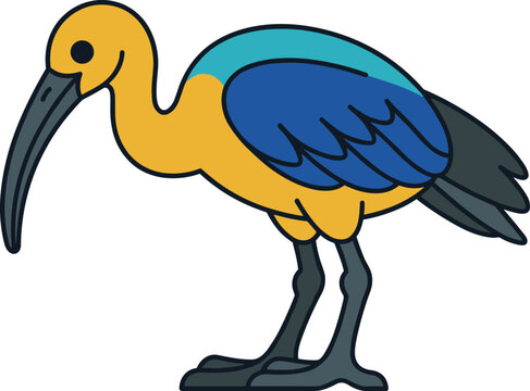 Stylized flat design vector illustration of a yellow and blue ibis bird with a long curved beak, isolated on white
