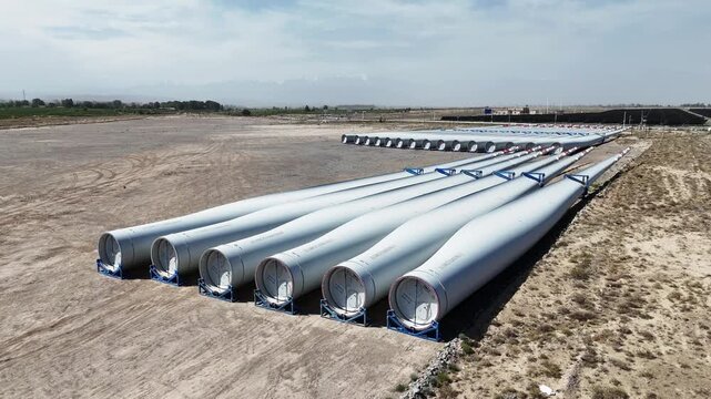 rows of large wind turbine blades stacked outdoors