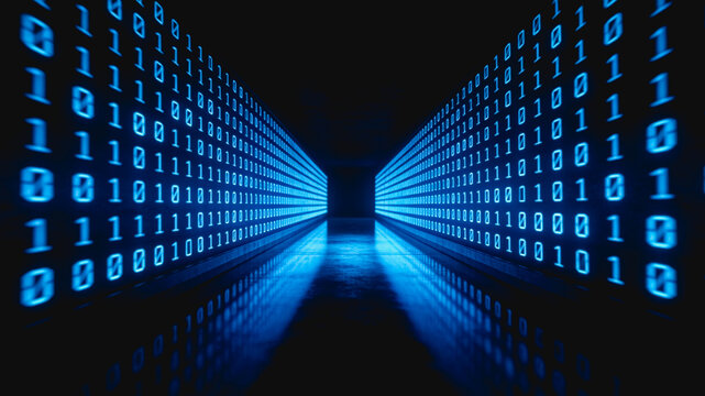 Glowing binary code lines extend along a dark reflective corridor, representing digital data flow and information technology.