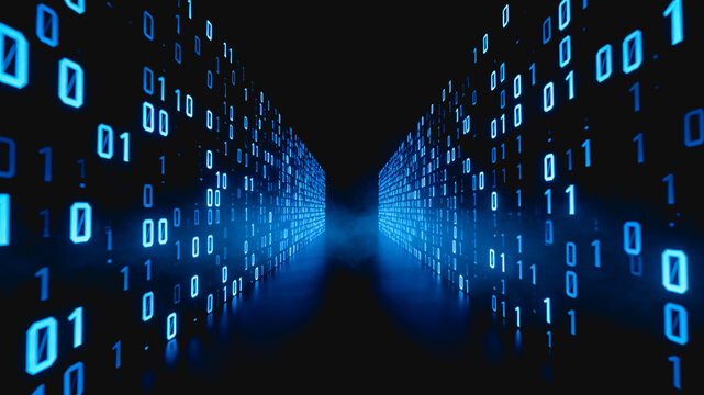 A futuristic digital tunnel formed by glowing blue binary code, representing data flow and cyber technology.