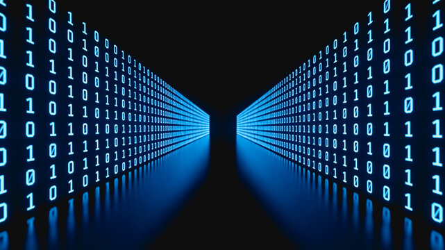 A perspective view of binary code arranged in a tunnel, representing digital data flow and information technology.