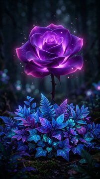 Magical glowing purple rose flower blooming over glowing blue foliage forest concept with magic rose