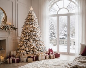 Fototapeta premium Elegant snowy Christmas tree in a cozy winter living room