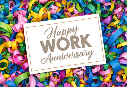 Colorful celebration message happy work anniversary card with confetti background