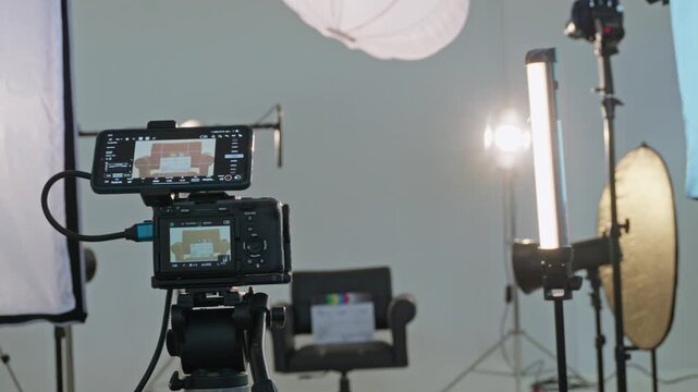 Professional camera and lighting equipment on a movie set
