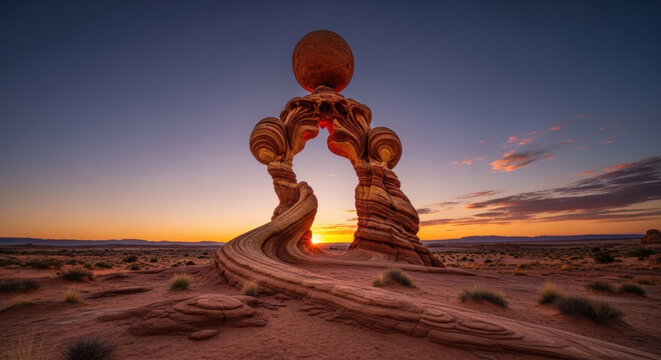 Unique rock formation with a natural arch in a desert landscape at sunset.
