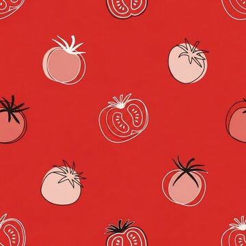 Red seamless pattern of stylized red tomatoes and tomato slices, simple cartoon design, fresh food illustration