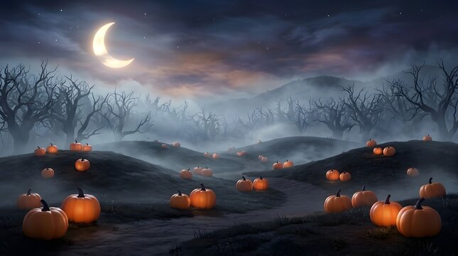 Spooky halloween night landscape with pumpkin patch crescent moon and foggy forest