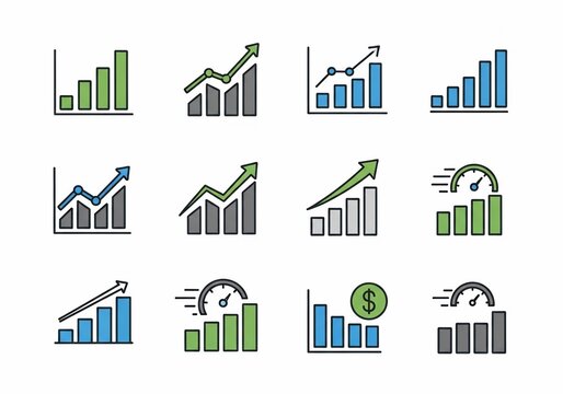 Financial Growth Icons: Upward Trend Charts and Speedometers, Business Analytics Symbols