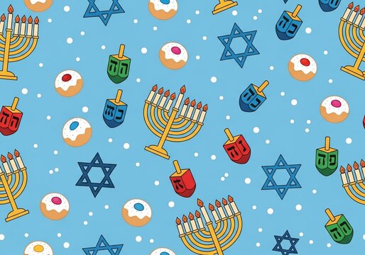 Festive Holiday Pattern: Dreidels, Menorahs, Stars, and Sweets on Blue Background