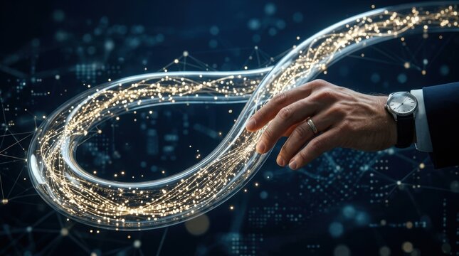 A business professional interacts with a glowing fiber optic conduit shaped like an infinity loop against a deep blue digital background