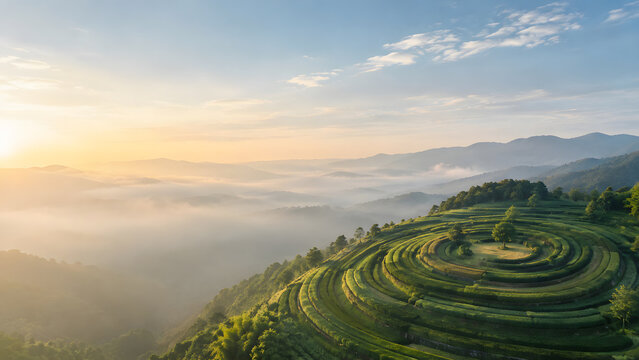 Breathtaking landscape featuring terraced fields, rolling hills, and serene sunrise over misty mountains, evoking tranquility and beauty