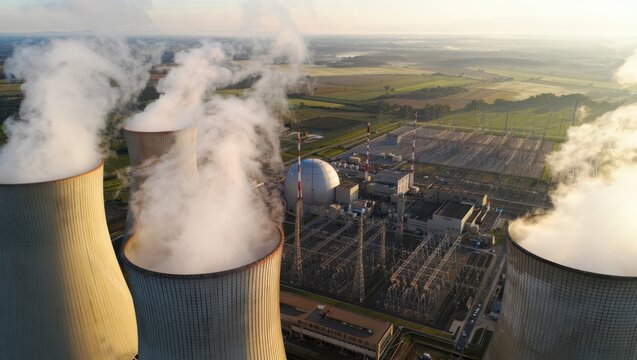 Aerial view of large nuclear power plant emitting steam with industrial cooling towers and extensive facility infrastructure