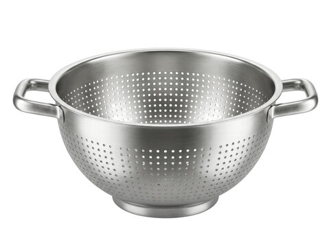 A clean, stainless steel colander with two handles. It has a round bowl with many perforations