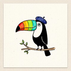 Fototapeta premium Toucan bird sitting on a branch wearing a blue beret hat with rainbow beak tropical bird art