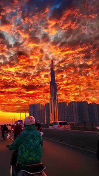 Motorcyclists riding across a city bridge under a dramatic fiery orange and purple sunset sky with the Landmark 81 skyscraper towering in the background