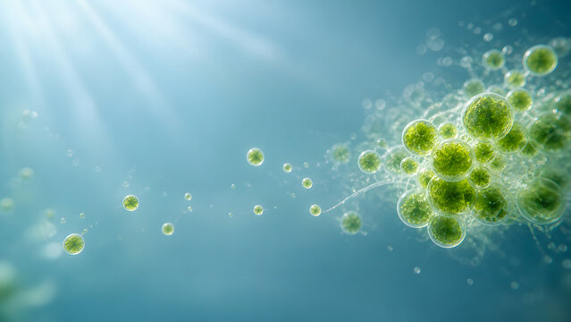 Vibrant green microorganisms float gracefully in serene blue environment, showcasing beauty of life in aquatic ecosystems