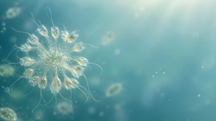 Obraz premium Microscopic view of single celled organism, showcasing intricate details and delicate structures in serene aquatic environment