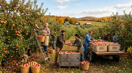 Fototapeta premium Autumn Apple Orchard Harvest: Families Picking Ripe Fruits, Scenic Rural Landscape