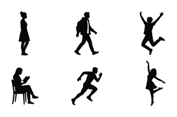 Obraz premium Diverse Human Silhouettes: Walking, Reading, Jumping, Running, Dancing, Posing Vector Set