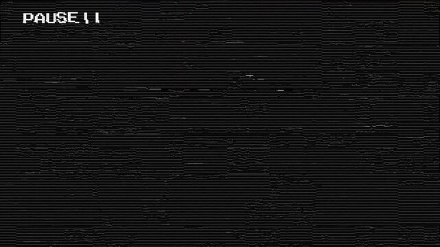 4k video Analog vhs PAUSE static noise overlay with . Abstract digital glitch transition overlay  signal interference distortion format landscape 