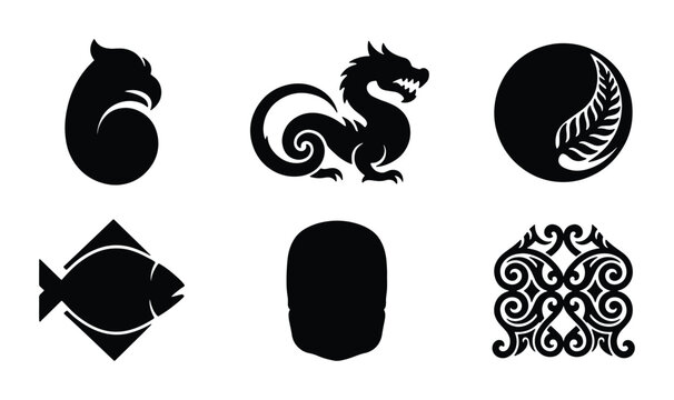 Maori Art Icons: Eagle, Dragon, Fern, Fish, Abstract Shapes, Vector Symbols for Cultural Design