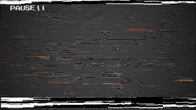 vhs rewind glitch effect  Text PAUSE VHS crt screen digital glitch. Videotape. Black background  static noise. 4k video